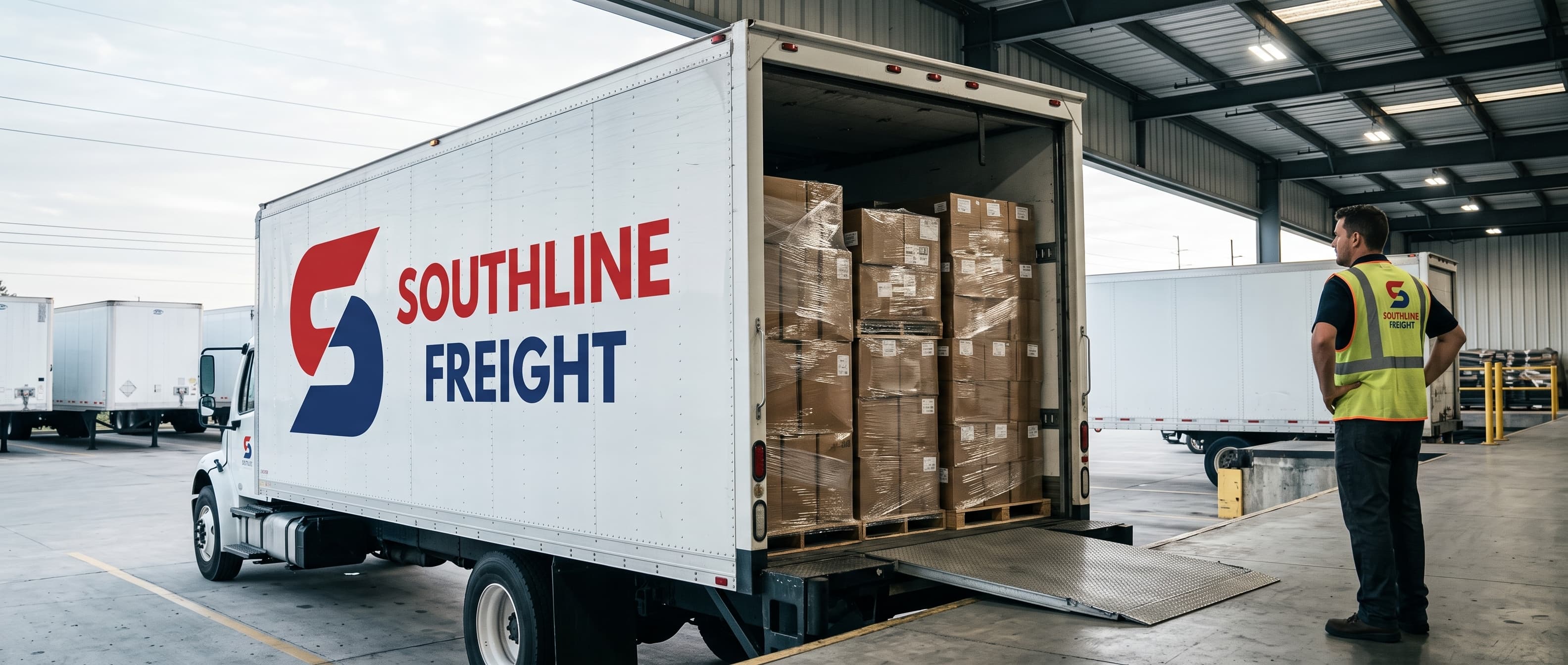 Fully loaded Southline Freight truck at a warehouse dock