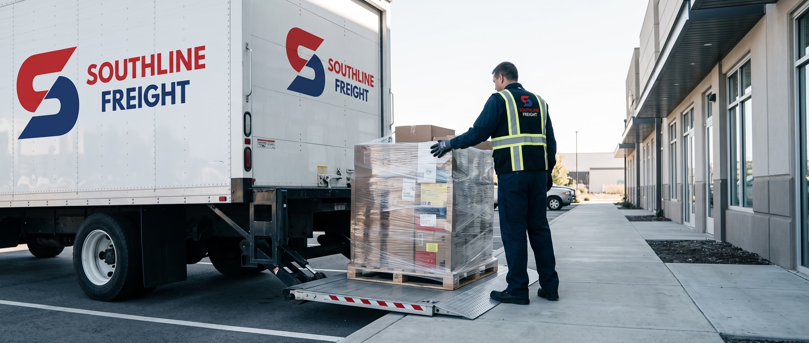 Southline Freight liftgate truck lowering a pallet at a business without a dock