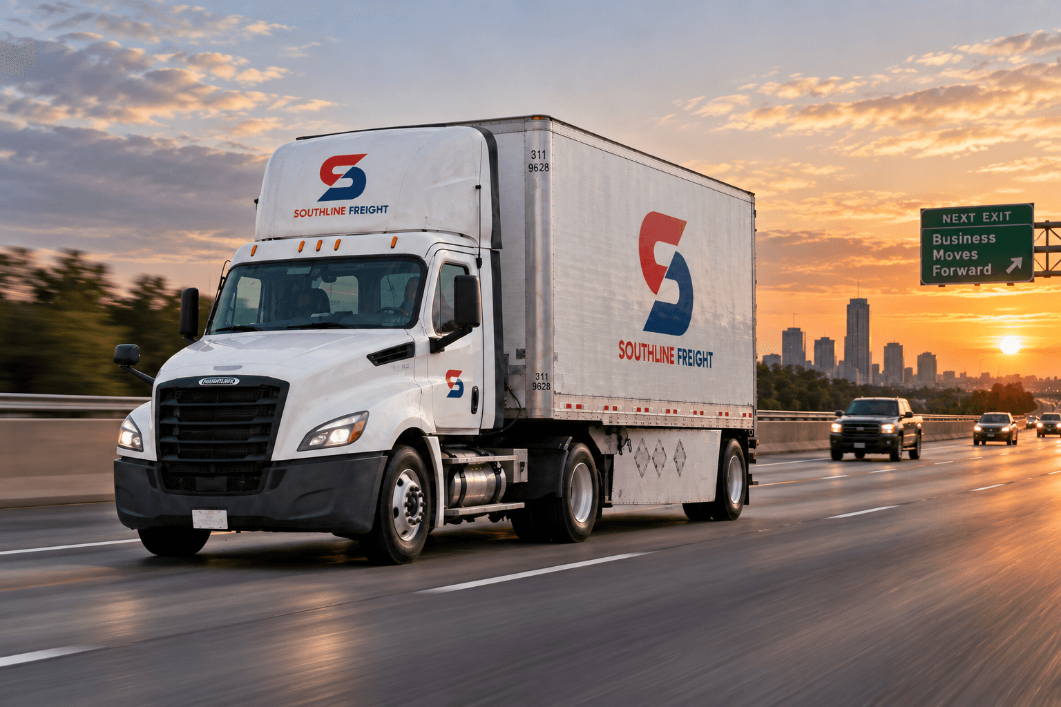Southline Freight truck running a hot shot load on the highway at sunset