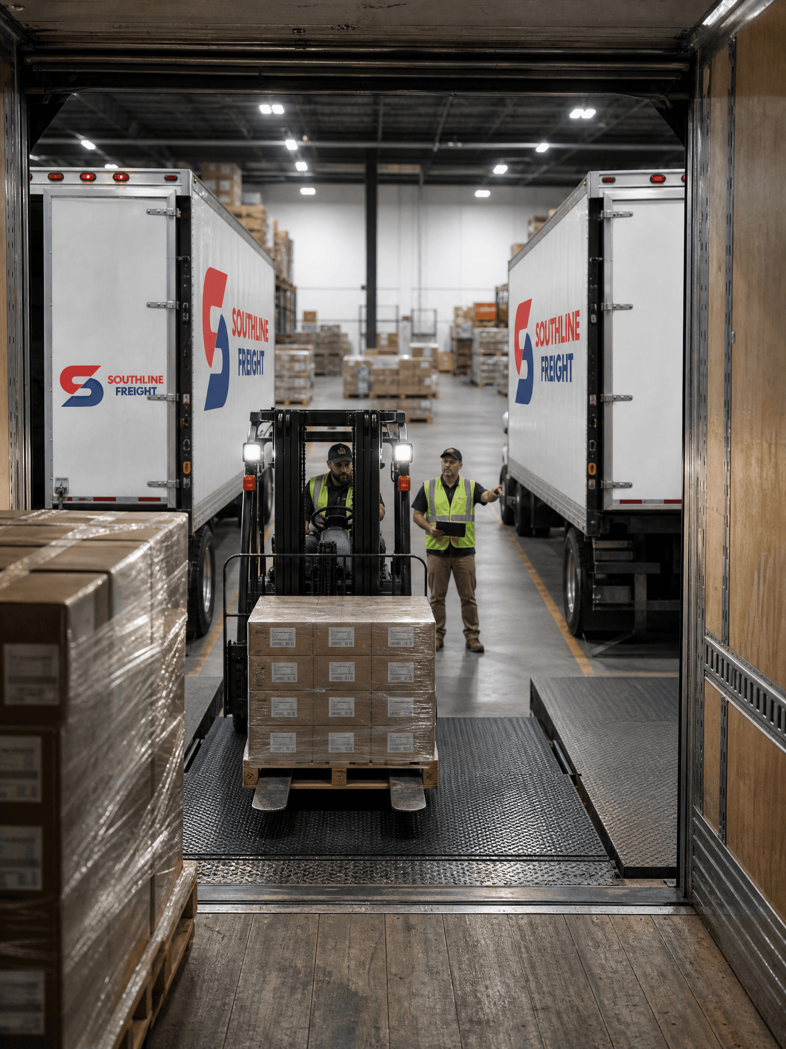 Forklift moving freight across a distribution dock