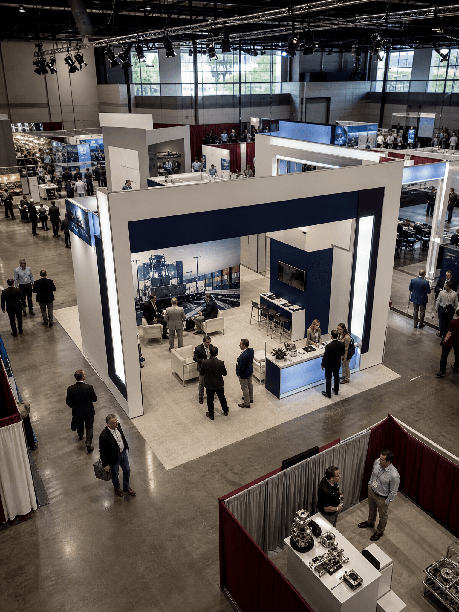 Trade show floor with exhibitor booths