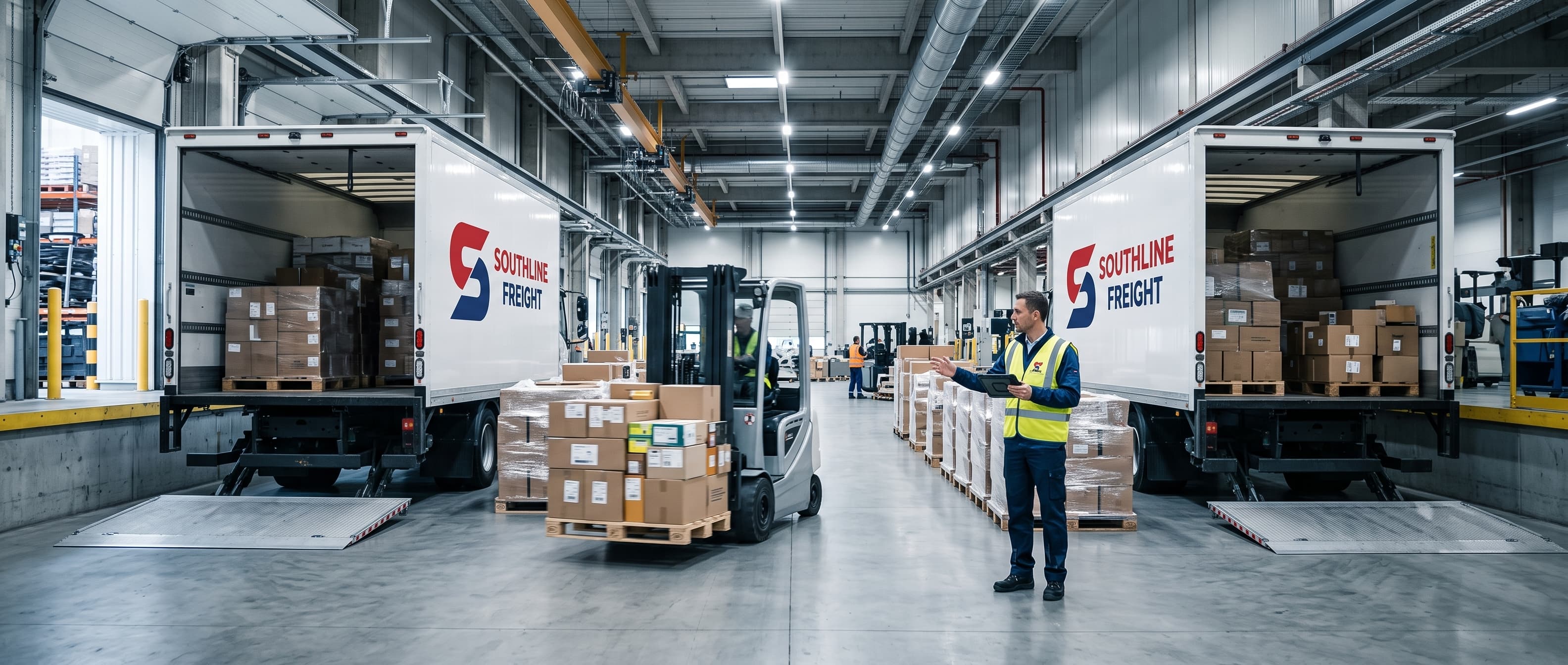 Forklift moving a pallet between trucks at a distribution dock